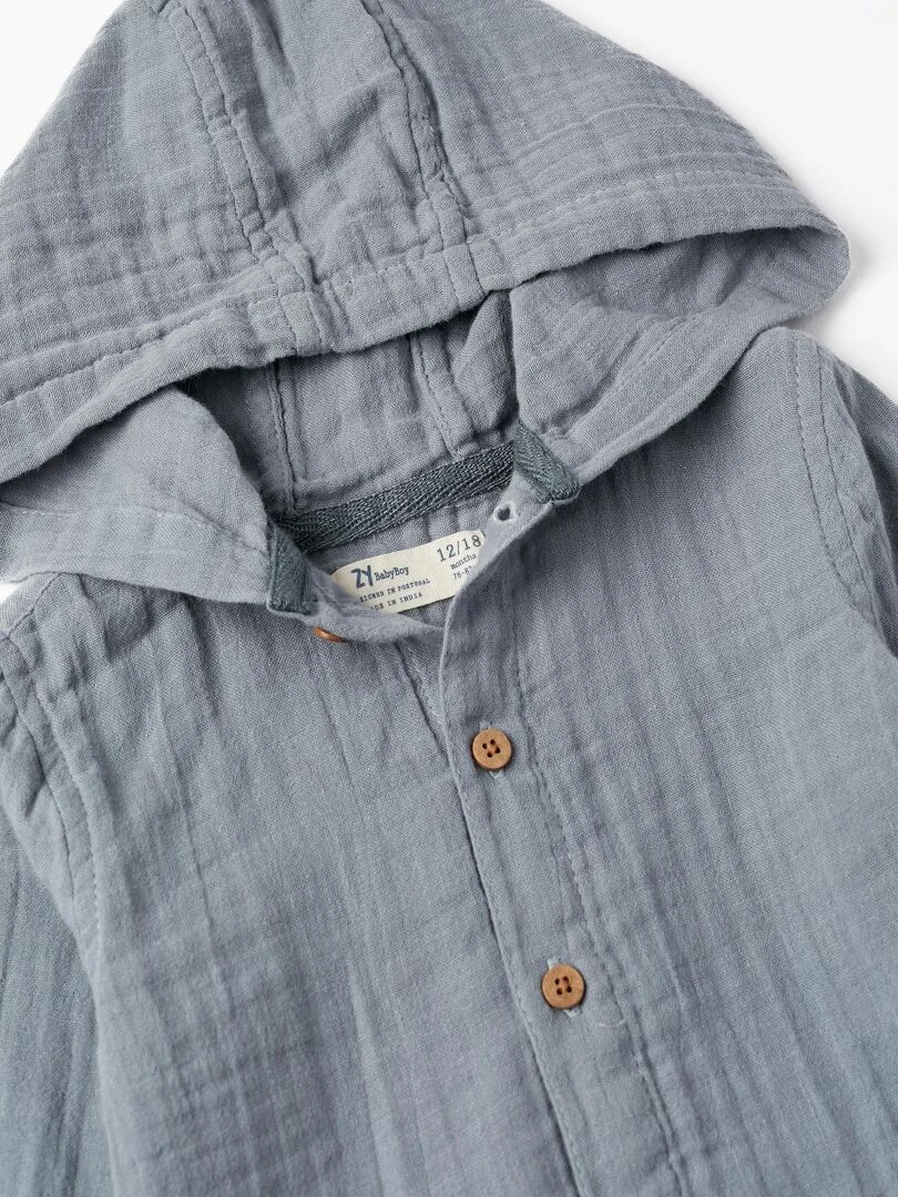 Chemise avec Capuche en Mousseline de Coton pour Bébé Garçon manches longues SICILIAN DAYS   Bleu clair