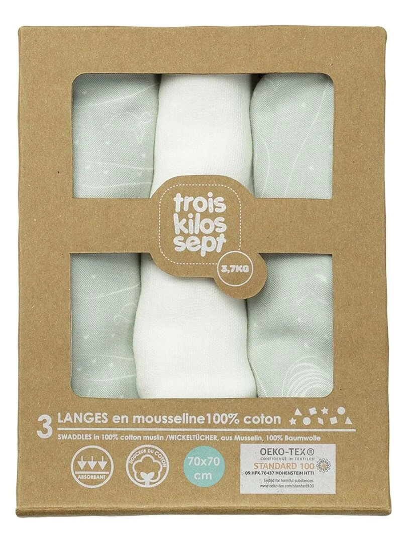 Lot de 3 langes 70x70 bébé Trois Kilos Sept   Vert