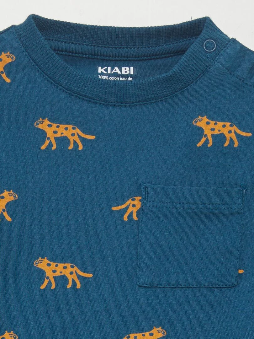 T shirt imprimé à poche   Bleu pant