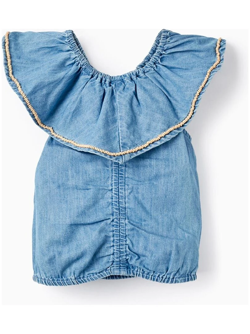 Blouse en jean en coton avec perles pour fille manches courtes Bleu
