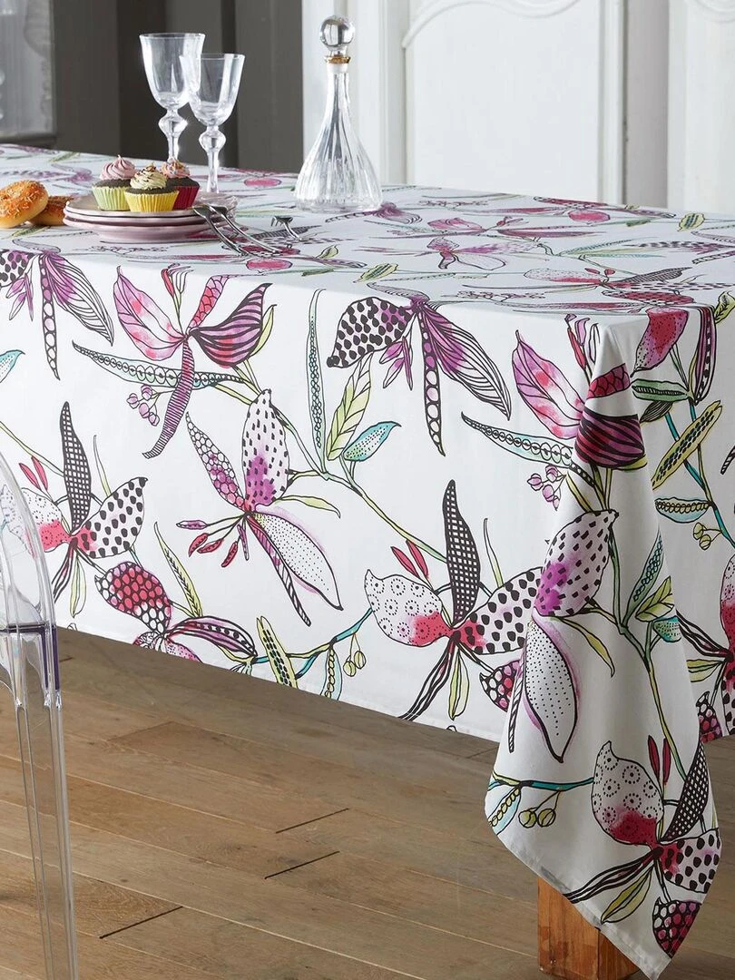 Nappe enduite aux fleurs exotiques   Blanc