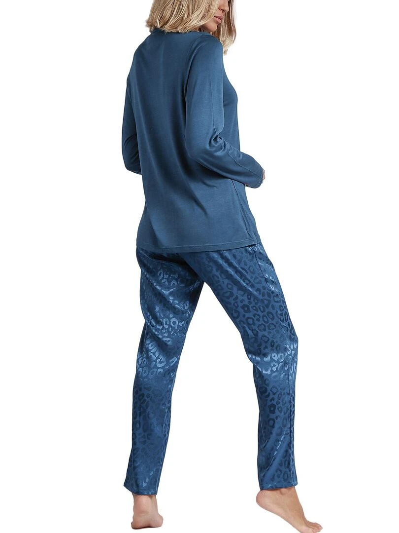 Pyjama pantalon top manches longues Satin Leopard Bleu