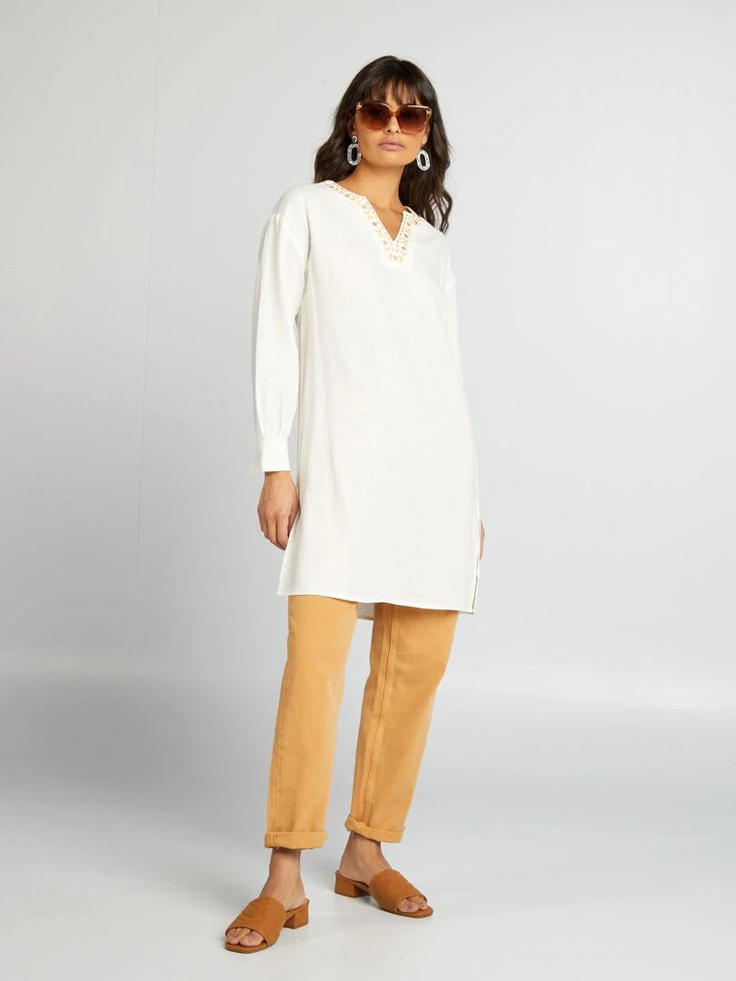 Blouse longue en lin avec col tunisien Blanc