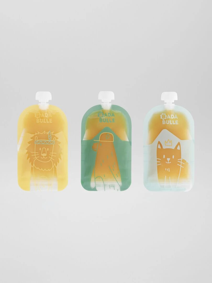 Lot de 15 gourdes réutilisable 'Badabulle' Vert/jaune/bleu