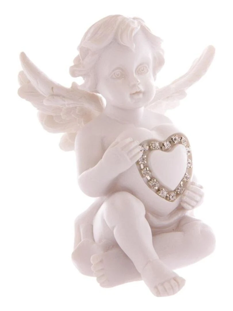 Statuette Ange assis tenant un coeur incrusté de pierre Beige