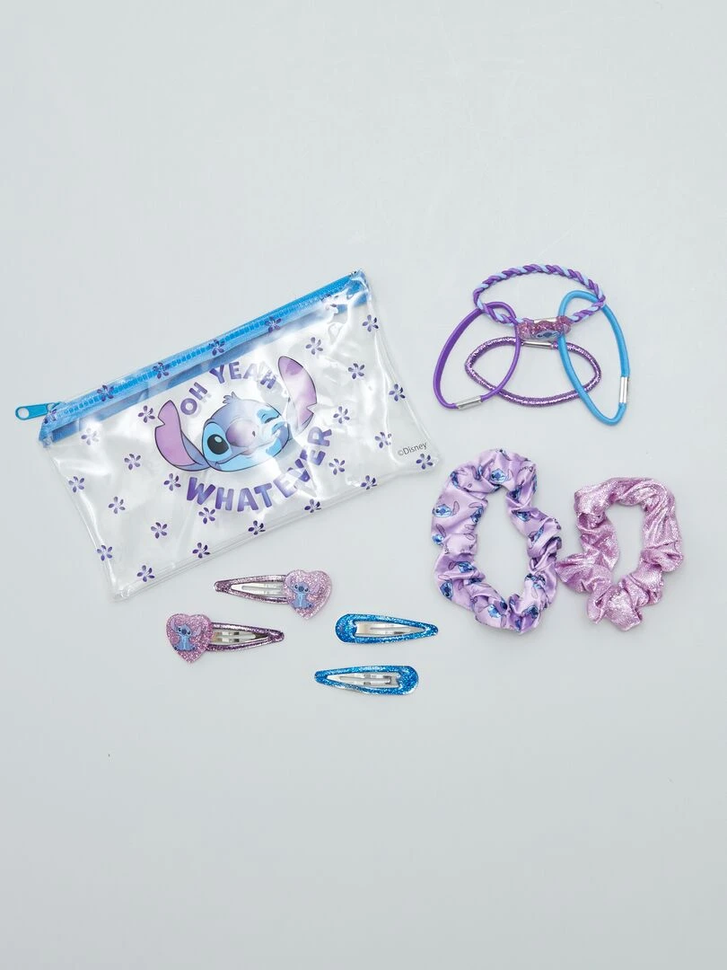 Set cheveux 4 pinces + 6 élastiques 'Stitch' Violet