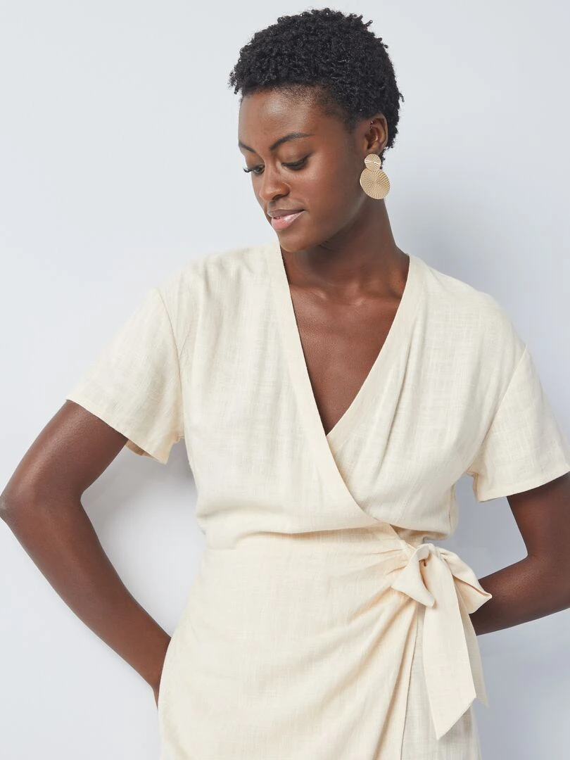 Robe courte wrap en lin mélangé Beige