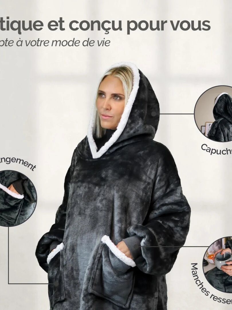 Sweat plaid à capuche  couverture  pull   Sherpa et flanelle   Vivezen   Gris foncé