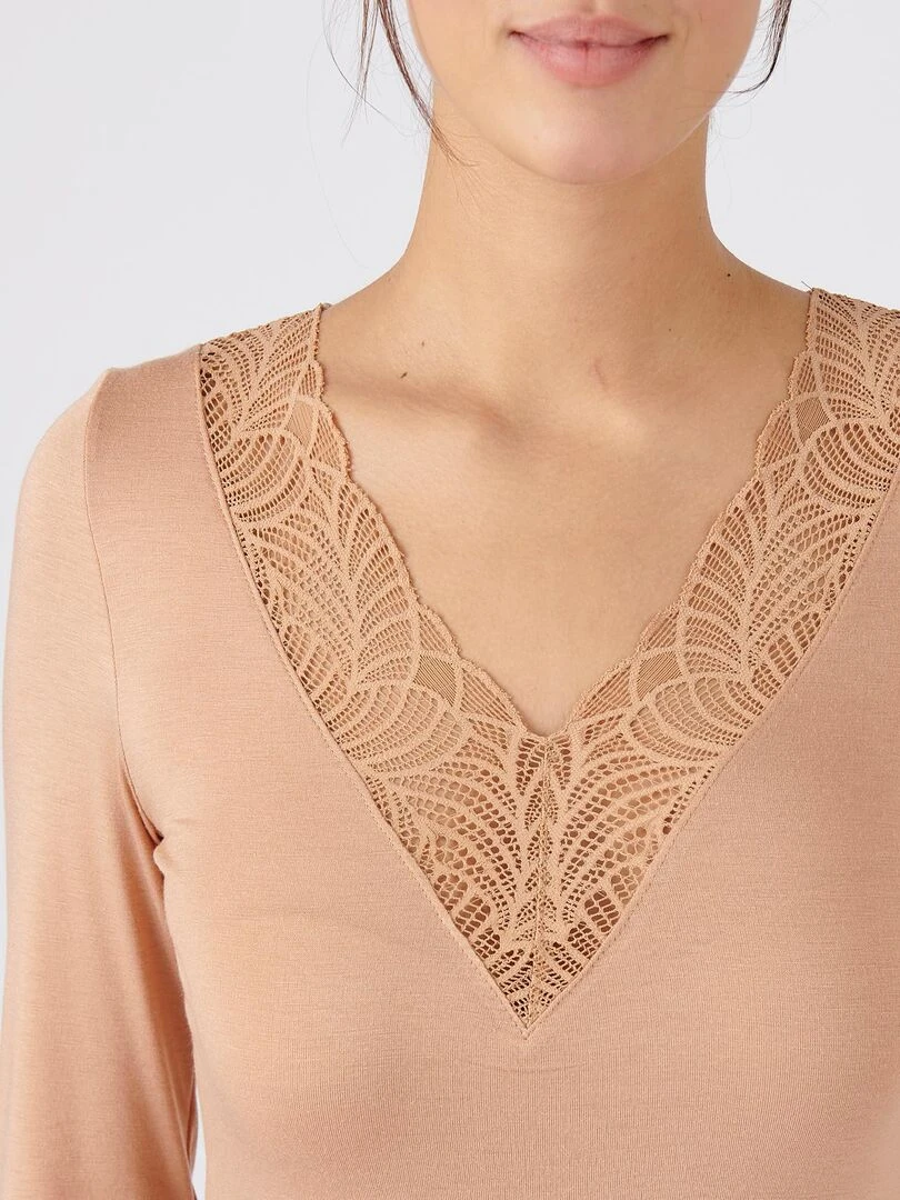 T shirt manches longues dentelle Thermolactyl invisible Damart Marron havane