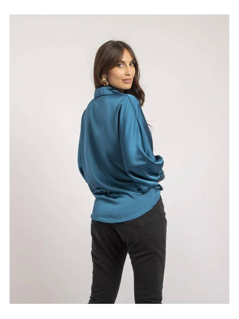 Chemise satin à nouer OBANA Bleu canard