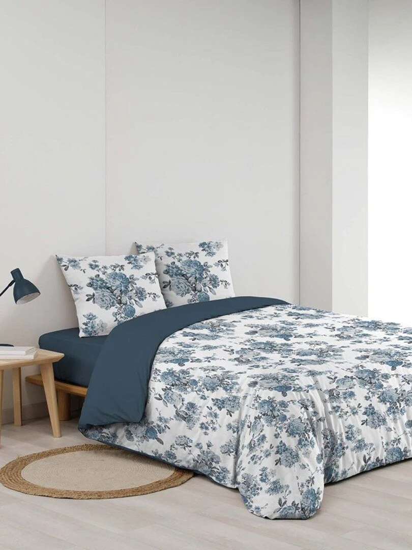 Housse de couette 240x220 + 2 taies Roselia double gaze de coton 57 fils Bleu