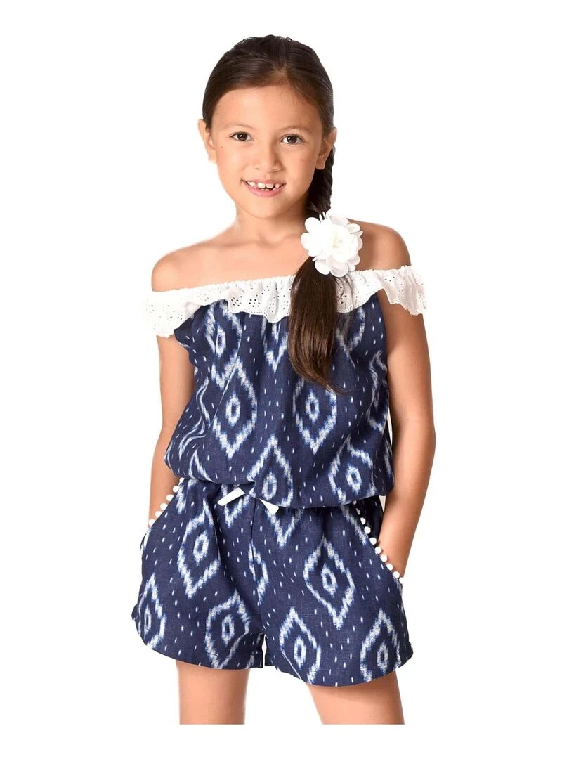 Combi Short Été Fille  Col Élastique  Tie and Dye Bleu Marine  LOLITA   'LA FAUTE A VOLTAIRE'   Blanc Bleu marine Blanc