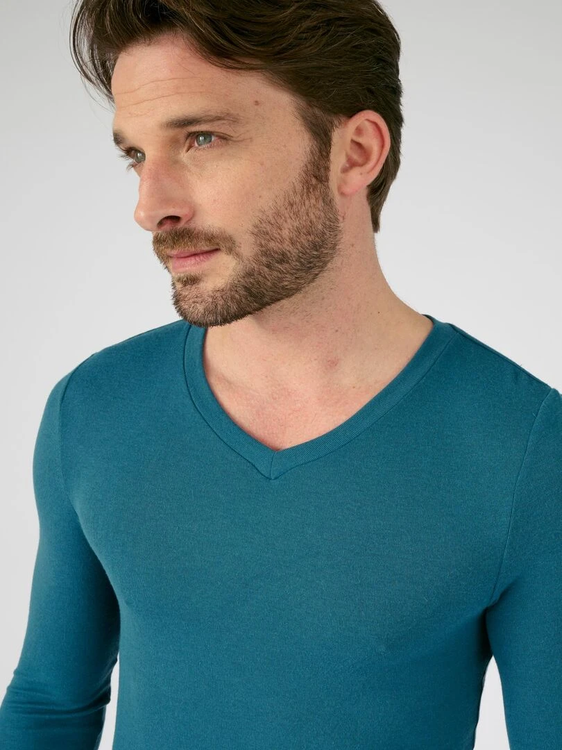 T shirt col V manches longues fine côte Thermolactyl Sensitive   Damart   Bleu pétrole
