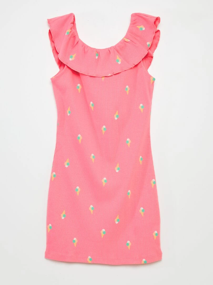 Robe en maille côtelée à col bardot Rose
