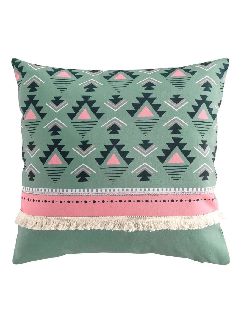 Coussin Esmeralda ethnique a franges Vert