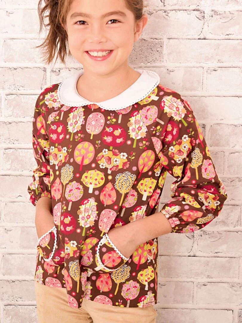 Blouse Col CLAUDINE Imprimé Fantaisie Marron Rose 'LA FAUTE A VOLTAIRE' Marron