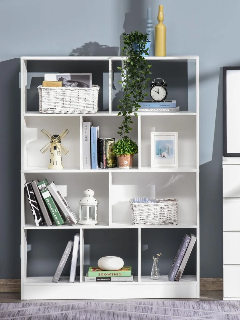 Bibliothèque étagère meuble de rangement 5 niches + 5 étagères panneaux particules blanc Blanc