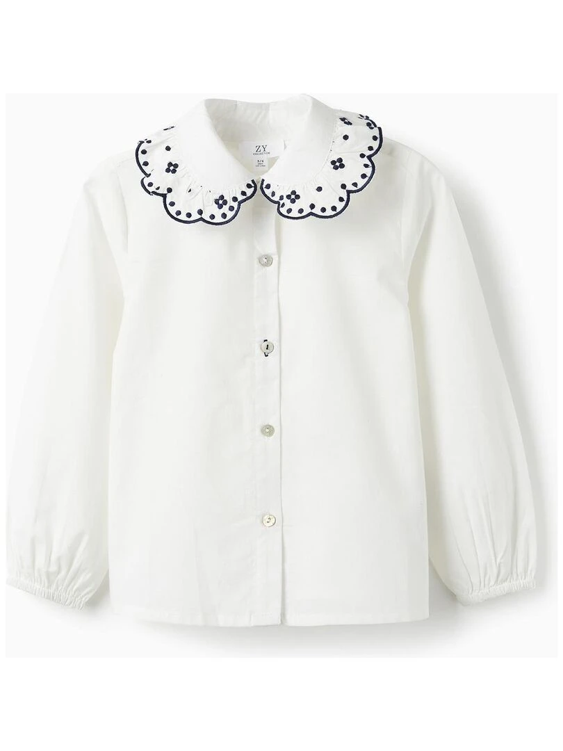 Blouse en coton avec volants et broderies pour fille manches longues SPRING BEGINS Blanc