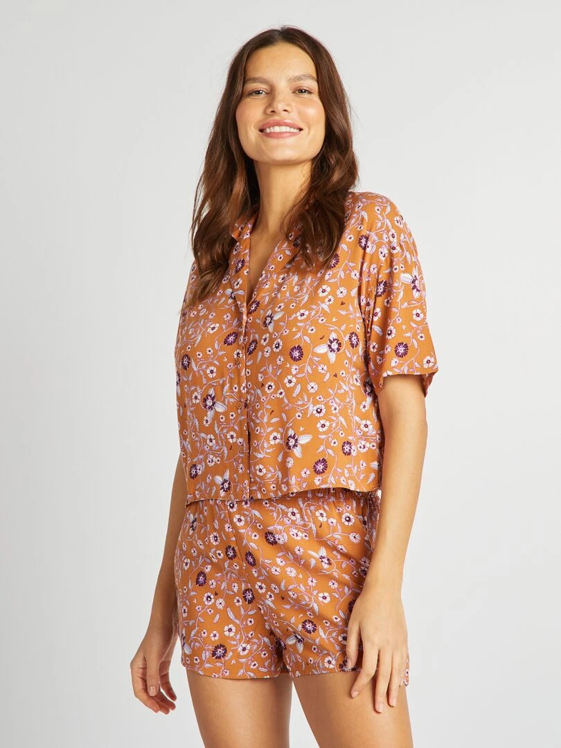 Pyjama chemisier + short imprimé fleuri Marron