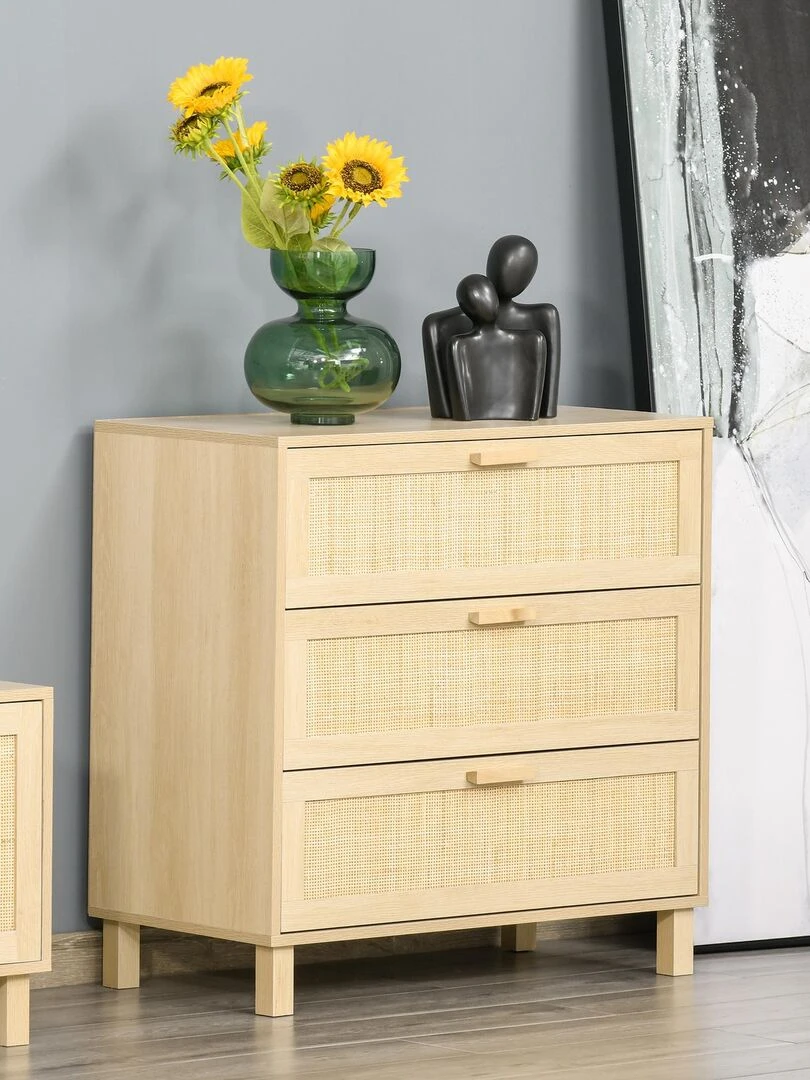 Commode 3 tiroirs cannage en rotin MDF aspect bois clair Beige