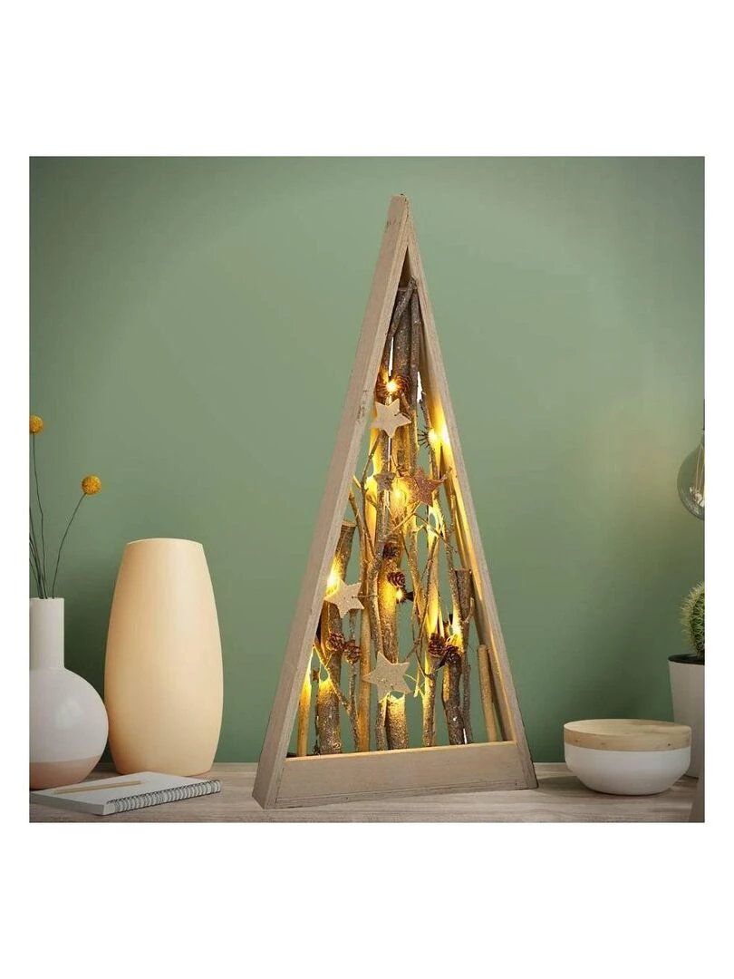 Triangle en bois décoration lumineuse avec leds blanc chaud H55 piles Jaune