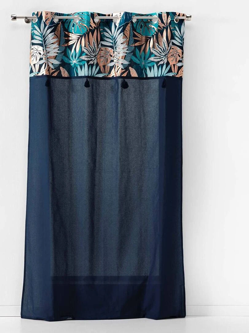 Rideau à œillets 140x240 uni top métallisé pompons Alianor bleu coton Bleu