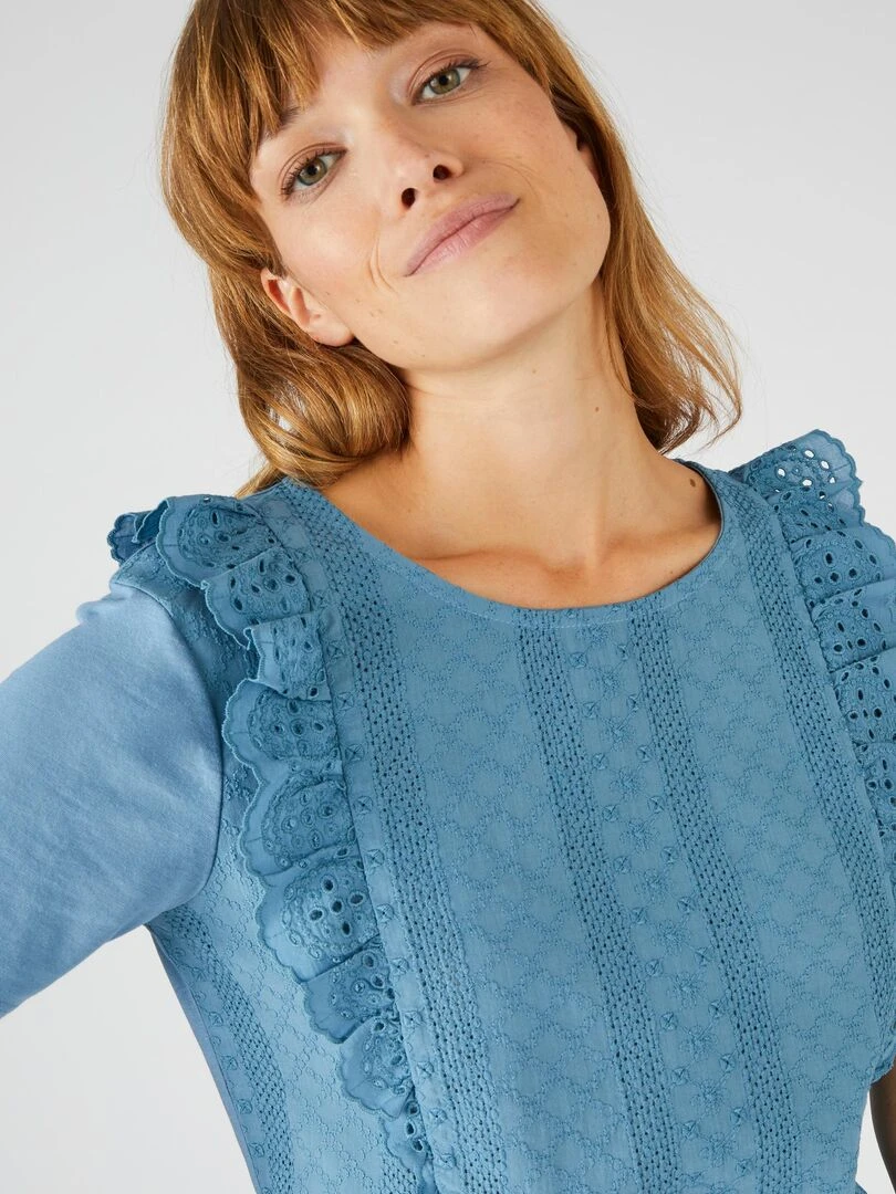 T shirt bi matière broderie anglaise   Damart   Bleu