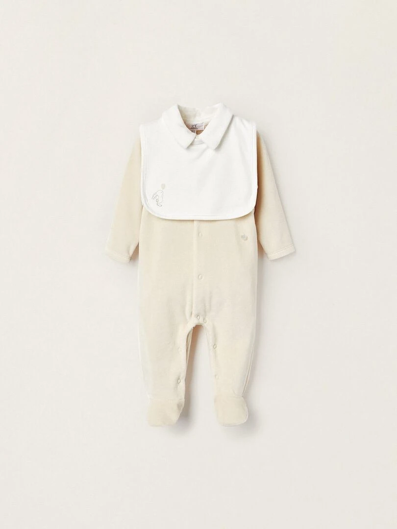 Combinaison en velours + Bavoir pour Nouveau né 'Lapin' manches longues EARLY BLOOM Beige clair