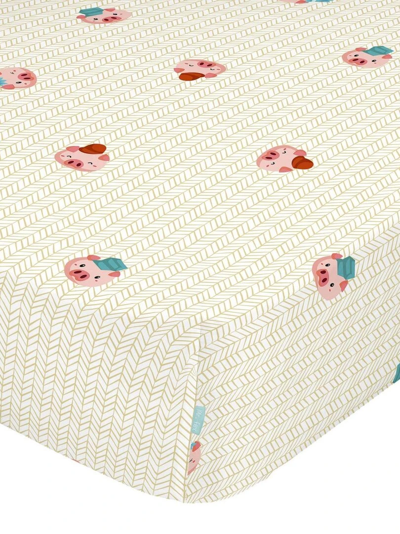 Drap housse Piggys "Happyfriday" Blanc