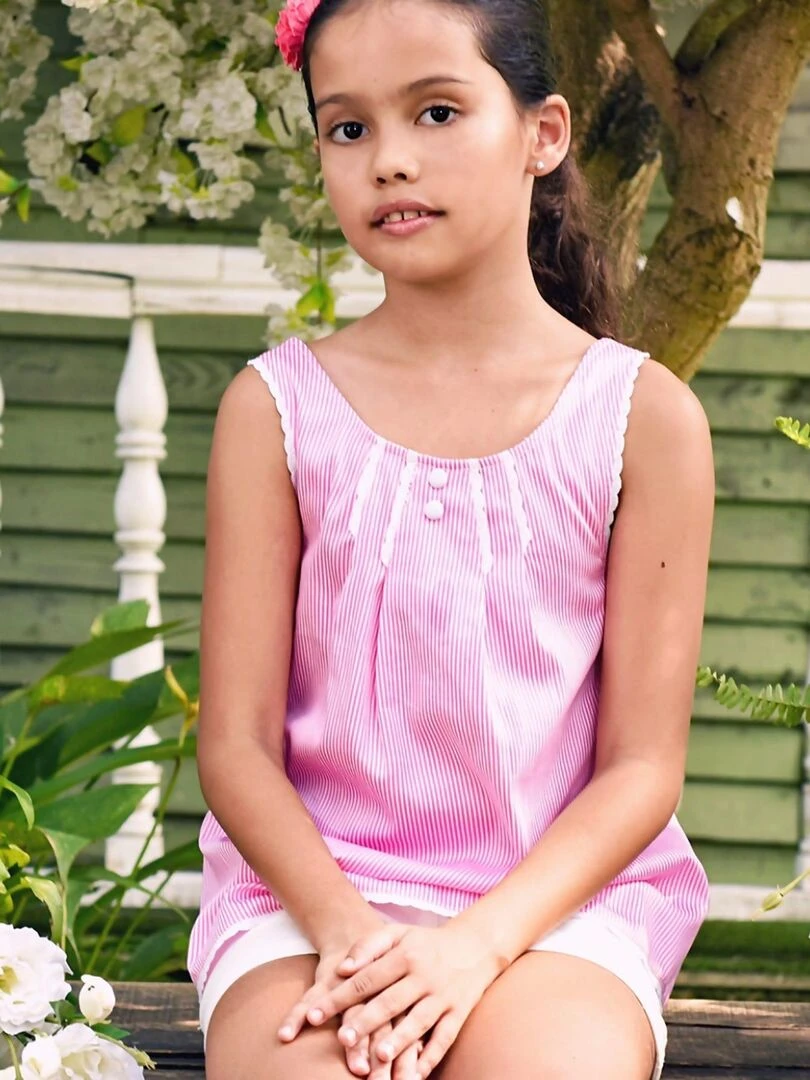 Blouse Été Fille à Fines Rayures Rose Foncé Dentelle Blanche ANAIS 'LA FAUTE A VOLTAIRE' Blanc Rose