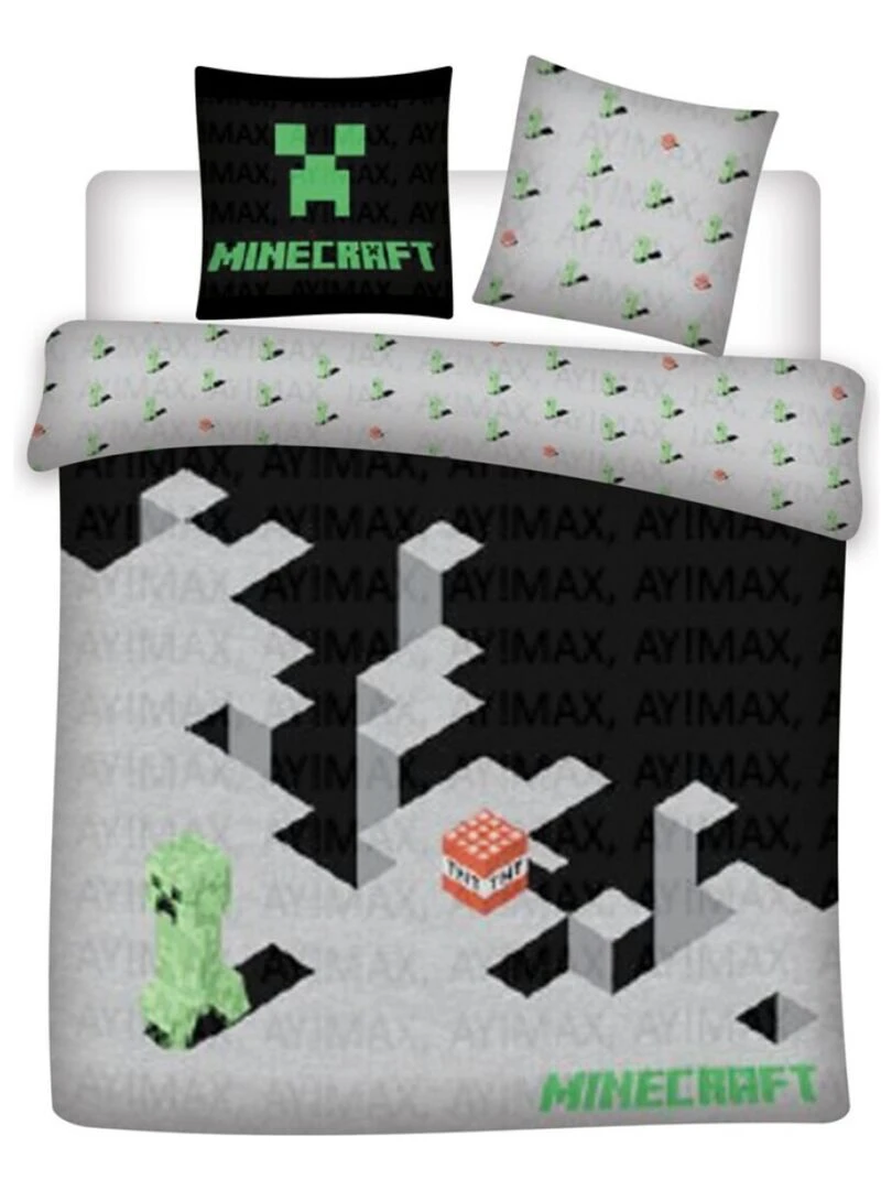 Parure de Lit double Réversible Polycoton Gamer Creeper Gris