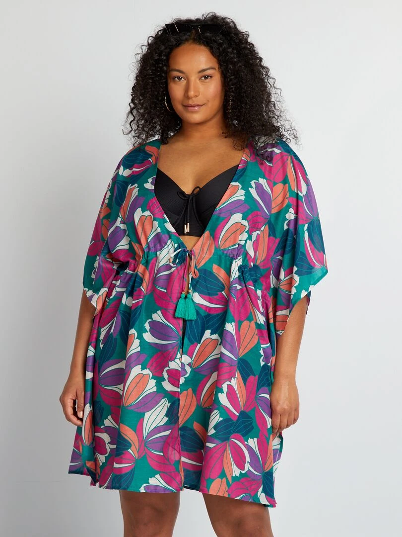 Robe de plage ouverte imprimé maxi fleurs Vert