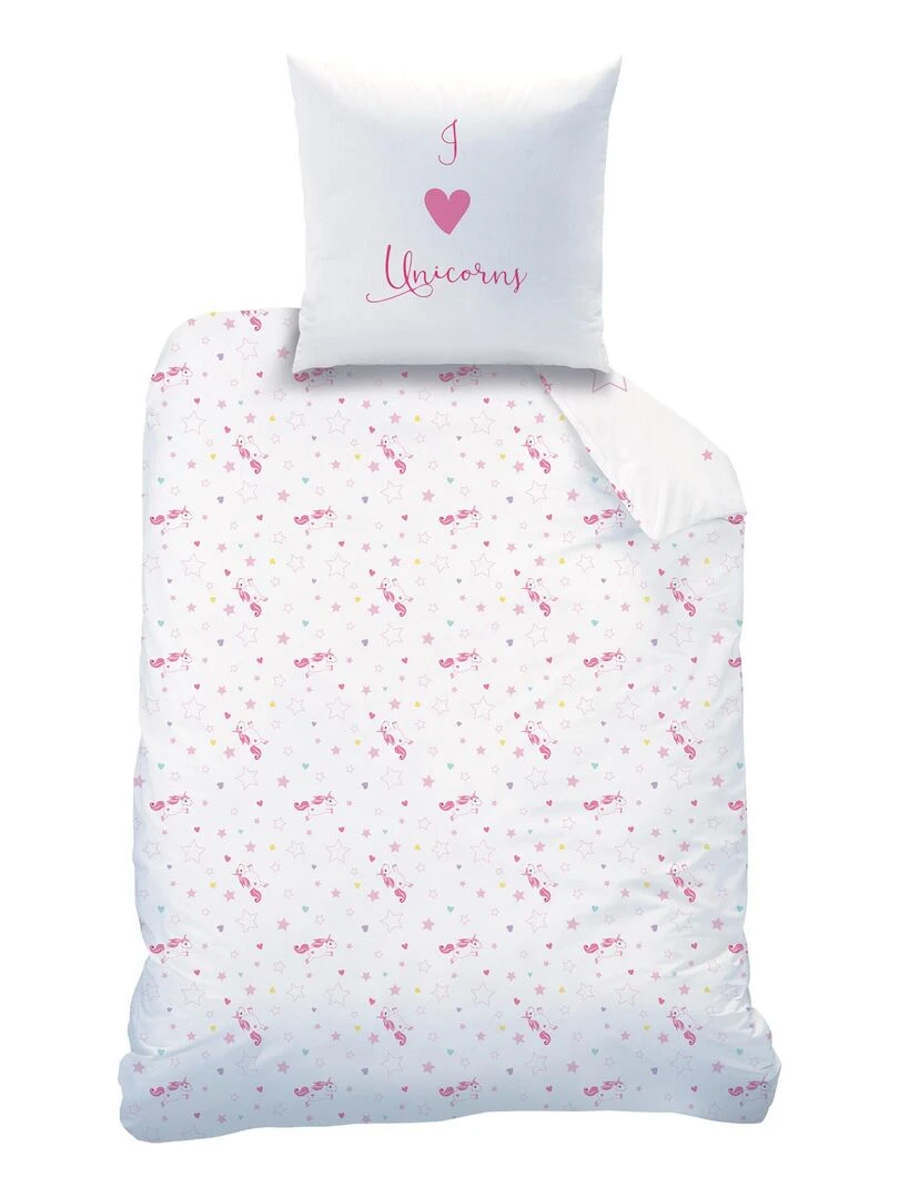 Parure de lit imprimée 100% coton  LICORNE   Rose