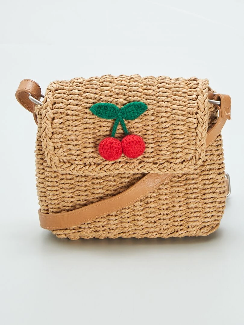 Sac en paille à imprimé cerise Beige