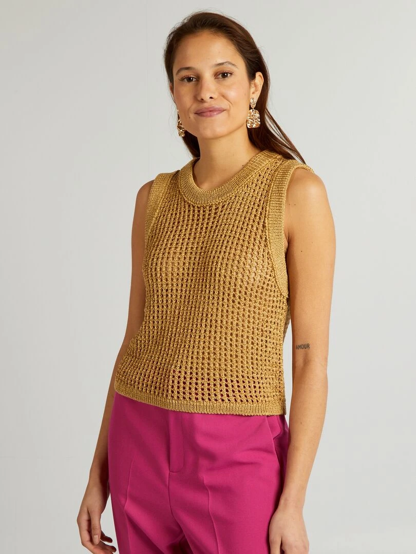 Pull court sans manches en crochet Beige