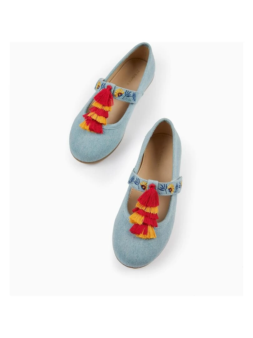 Ballerines en Denim avec Pampilles et Broderie Fille JAIPUR Bleu