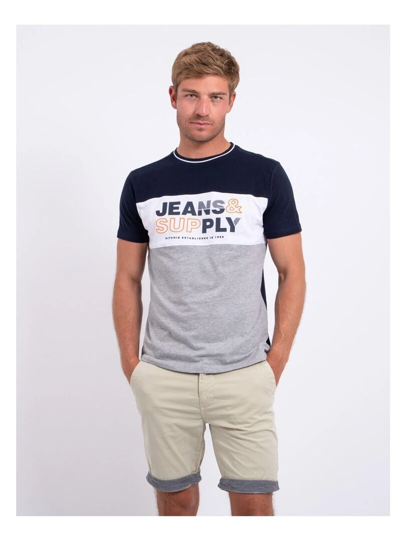 T shirt col rond pur coton NABELO Bleu marine