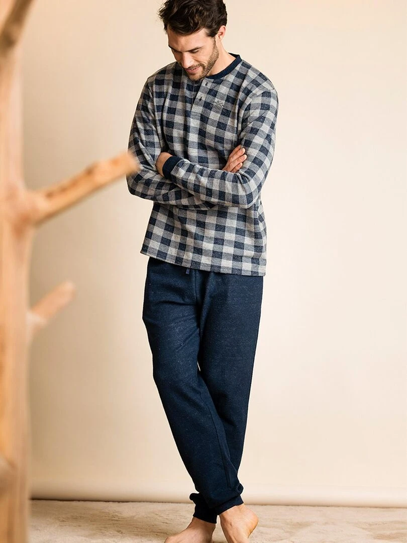 Pyjama pantalon et haut manches longues Vichy   Bleu