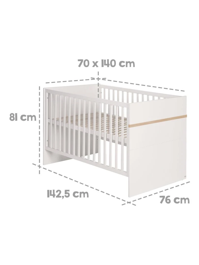 ROBA Lit bébé évolutif "Pia"   70x140   Convertible   Hauteur Réglable   Blanc/Décor 'San Remo'   Blanc