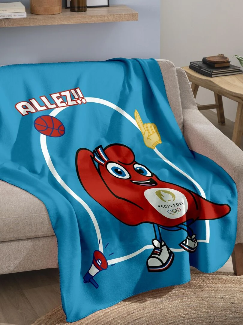 Plaid polaire imprimé PARIS 2024 MASCOTTE OLYMPIQUE ALLEZ Bleu