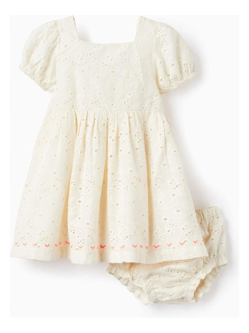 Robe + Bloomer Avec Broderie Anglaise Pour Bébé Fille manches courtes Blanc