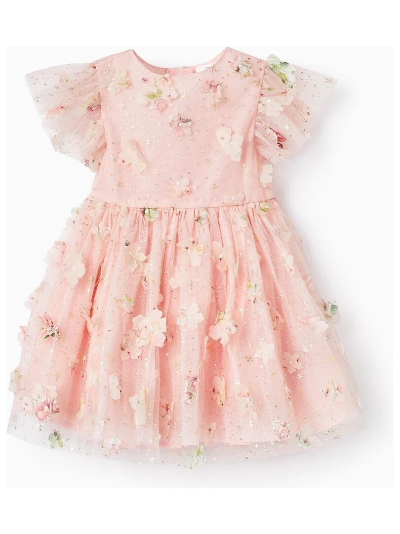 Robe en Tulle avec Fleurs pour Bébé Fille manches courtes CÉRÉMONIE Rose