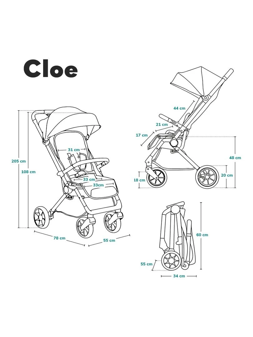 LIONELO Cloe   Poussette bébé compacte   Jusqu'à 22 Kg   Légère & pliable   Grandes Roues   Vert   Noir Vert