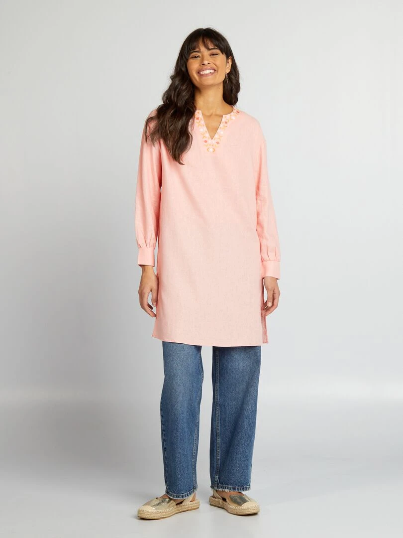Blouse longue en lin avec col tunisien Rose