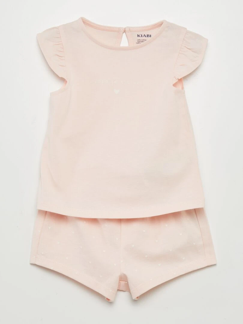Ensemble t shirt + short imprimé 2 pièces Rose cœur
