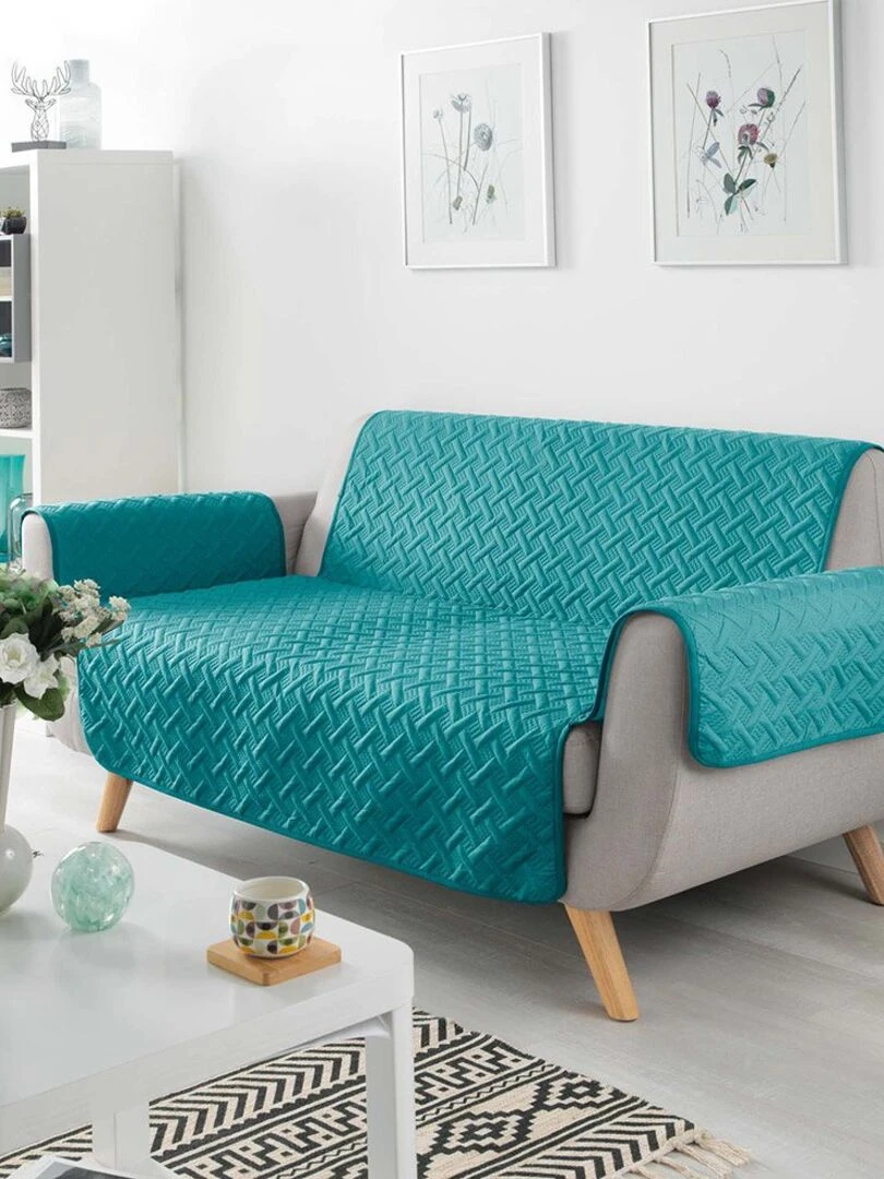Protège canapé 3 places matelassé 279x179 uni Lounge pétrole Bleu
