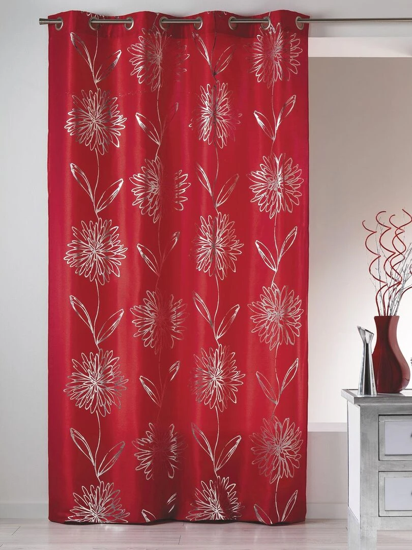 Rideau en Shantung à Imprimés Métallisés "Fleur" Rouge brique