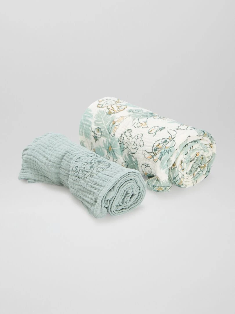 Lot de 2 langes en gaze de coton 'Stitch' Vert