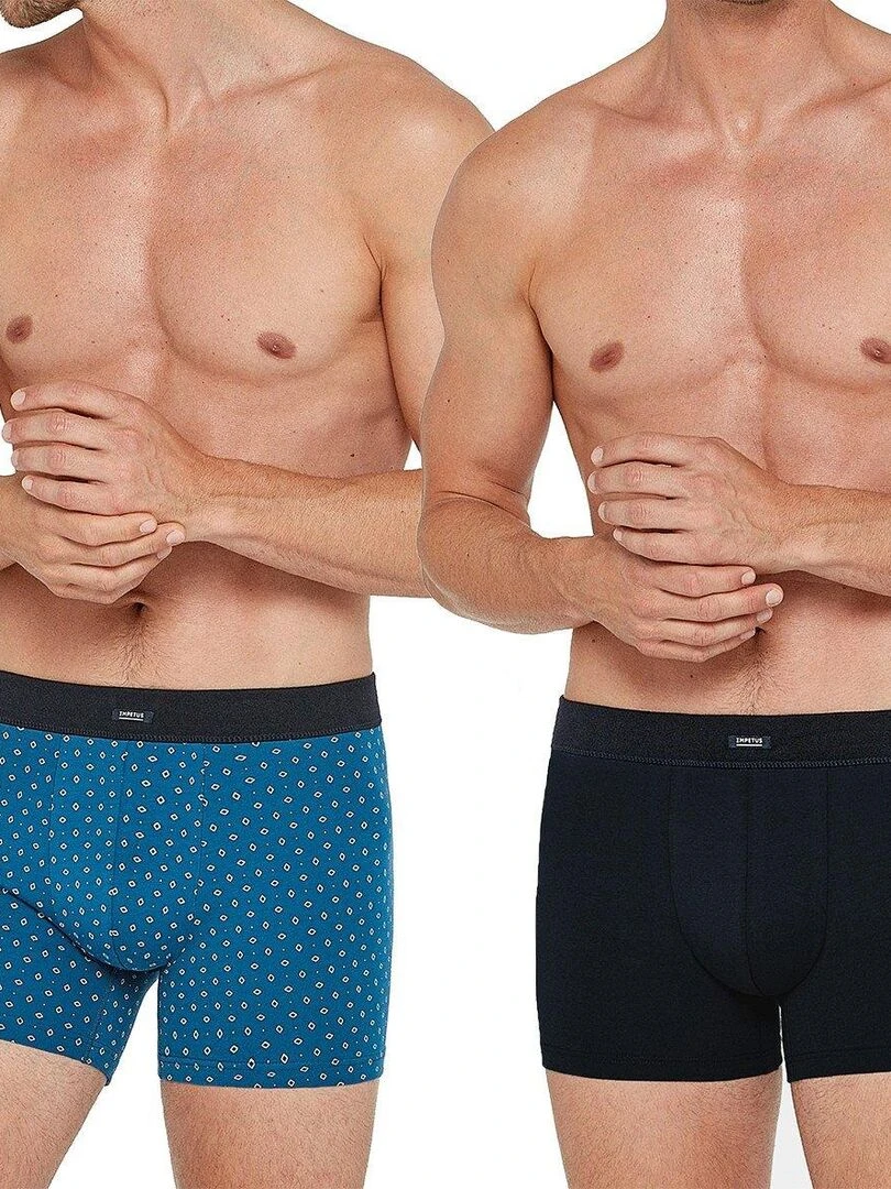 Pack 2 boxers uni et imprimé ceinture plate en coton Besar Bleu