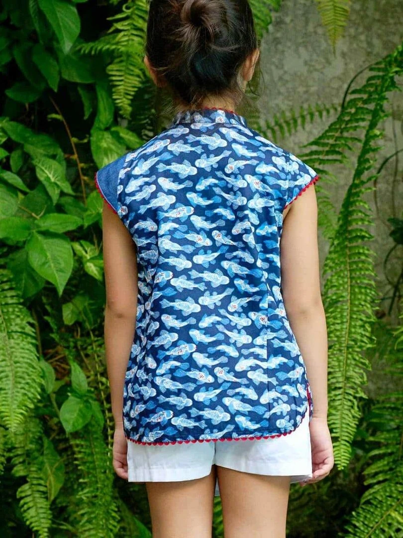 Blouse chinoise     poissons khoi   ANNAM   'LA FAUTE A VOLTAIRE'   Bleu